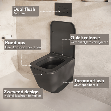 Toilette suspendue design sans bride avec réservoir encastré - Noir - Linea