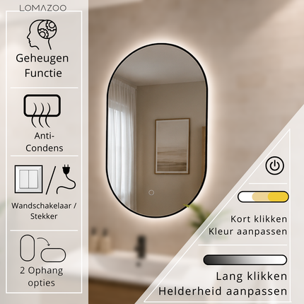 Miroir ovale avec éclairage LED réglable - noir - 100 cm - Tanger