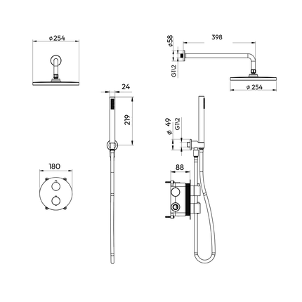 Douche encastrée finition or brossé avec robinetterie intégrée - Solara