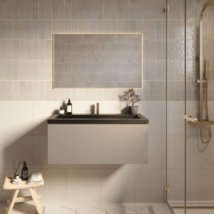Meuble de salle de bain suspendu finition greige avec lavabo noir - 100 cm - Modena