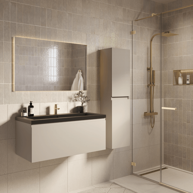 Ensemble meuble de salle de bain suspendu finition greige avec vasque noire intégrée - 100 cm - Sorrento