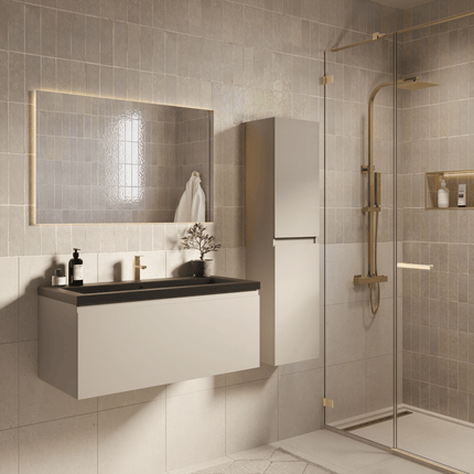 Meuble de salle de bain suspendu finition greige avec lavabo noir - 100 cm - Modena