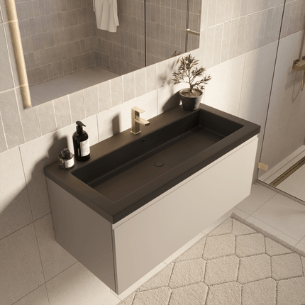 Meuble de salle de bain suspendu finition greige avec lavabo noir - 100 cm - Modena