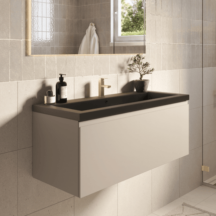 Ensemble meuble de salle de bain suspendu finition greige avec vasque noire intégrée - 100 cm - Sorrento