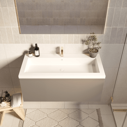 Meuble de salle de bain suspendu finition greige avec lavabo blanc - 100 cm - Modena