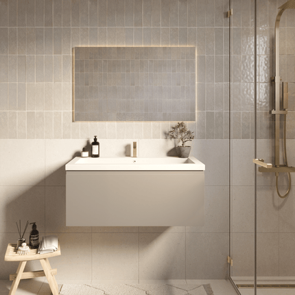 Meuble de salle de bain suspendu finition greige avec lavabo blanc - 100 cm - Modena