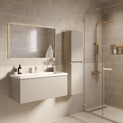 Meuble de salle de bain suspendu finition greige avec lavabo blanc - 100 cm - Modena