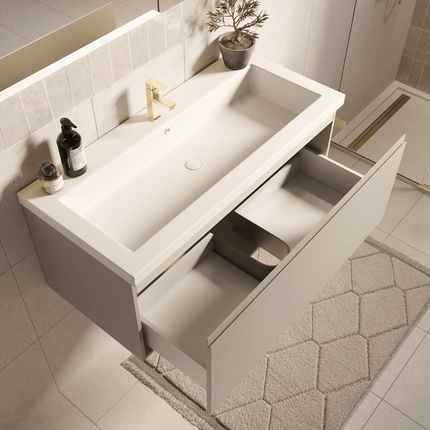 Meuble de salle de bain suspendu finition greige avec lavabo blanc - 100 cm - Modena