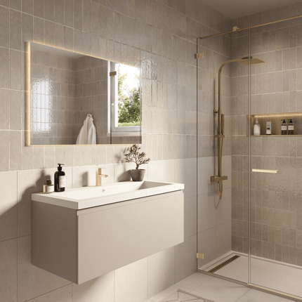 Meuble de salle de bain suspendu finition greige avec lavabo blanc - 100 cm - Modena