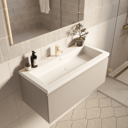 Meuble de salle de bain suspendu finition greige avec lavabo blanc - 100 cm - Modena