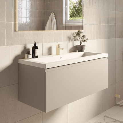 Meuble de salle de bain suspendu finition greige avec lavabo blanc - 100 cm - Modena