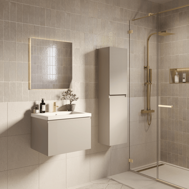 Ensemble meuble de salle de bain suspendu finition greige avec vasque blanche - 60 cm - Sorrento