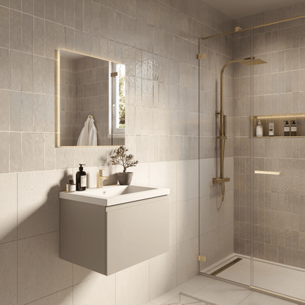 Meuble de salle de bain suspendu finition greige avec lavabo blanc - 60 cm - Modena