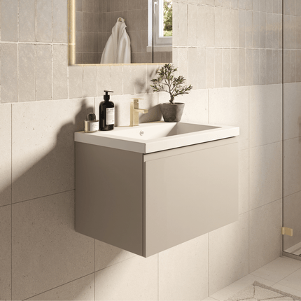 Ensemble meuble de salle de bain suspendu finition greige avec vasque blanche - 60 cm - Sorrento