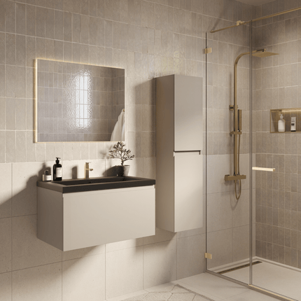 Meuble de salle de bain suspendu finition greige avec vasque noire - 80 cm - Modena