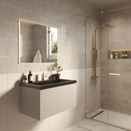 Meuble de salle de bain suspendu finition greige avec vasque noire - 80 cm - Modena