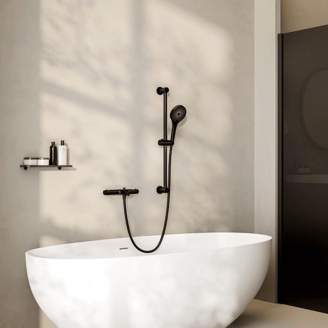Mitigeur thermostatique baignoire finition mate noire avec pomme de douche - 15 cm - Sorin