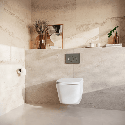 Toilette suspendue sans rebord avec réservoir encastré - Blanc - Plaque ronde Gunmetal - Linea