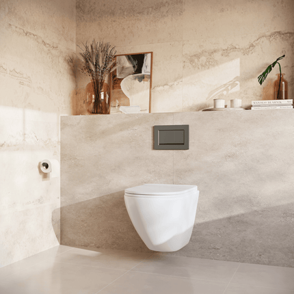 Toilette suspendue ronde avec réservoir encastré - Blanc - Plaque carrée gunmetal - Linea