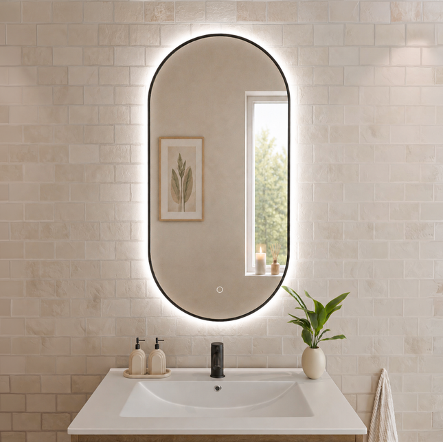Miroir ovale avec éclairage LED réglable - noir - 100 cm - Tanger