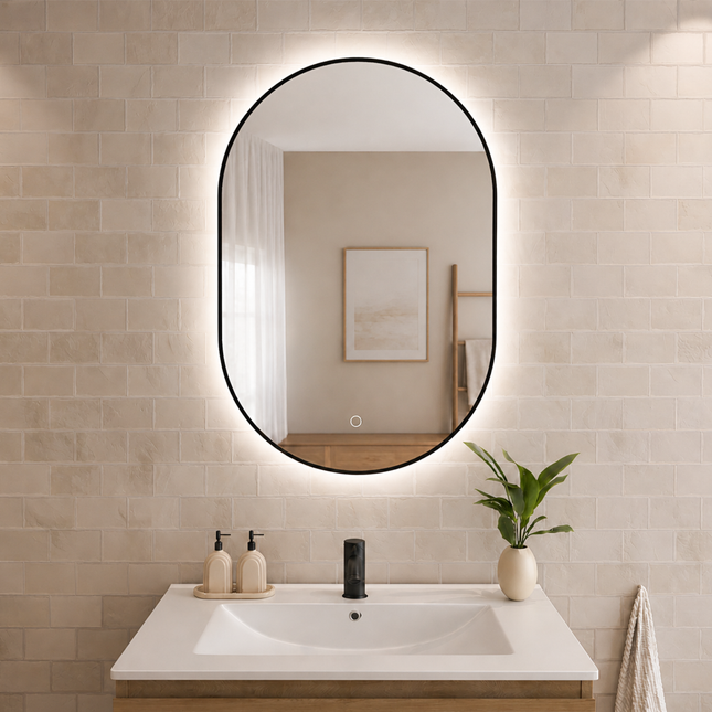 Miroir ovale avec éclairage LED réglable - cadre noir - 90 cm - Tanger