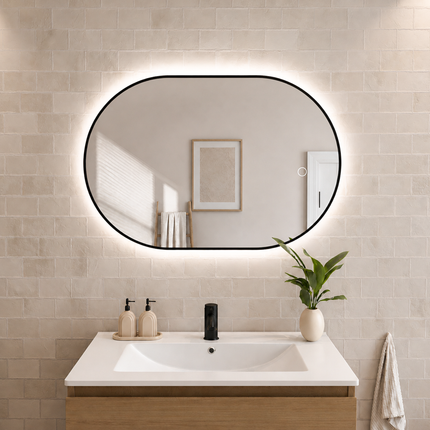 Miroir ovale avec éclairage LED réglable - cadre noir - 90 cm - Tanger