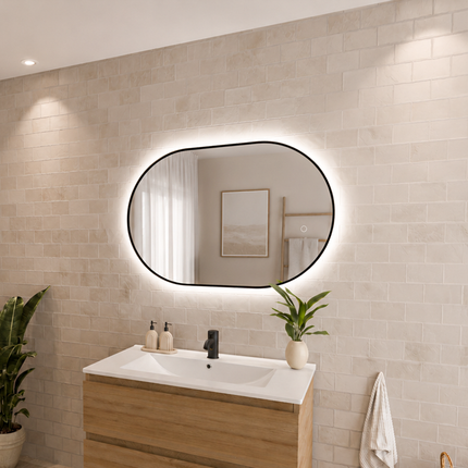 Miroir ovale avec éclairage LED réglable - cadre noir - 90 cm - Tanger