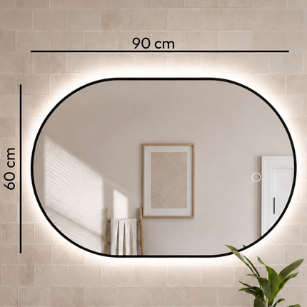 Miroir ovale avec éclairage LED réglable - cadre noir - 90 cm - Tanger