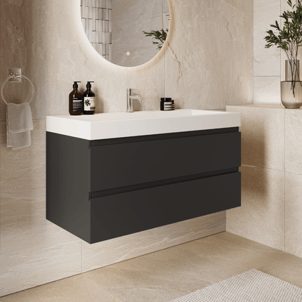 Meuble de salle de bains suspendu design avec vasque inclinée en marbre minéral - Noir et blanc - 100 cm - Azuro