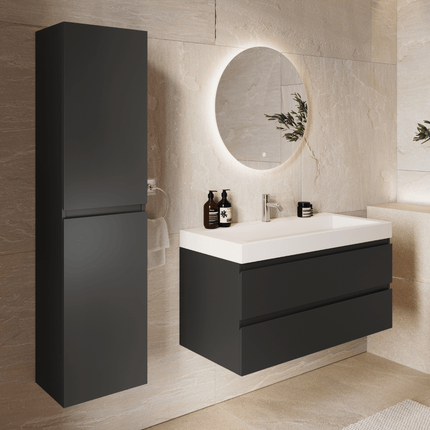 Meuble de salle de bains suspendu design avec vasque inclinée en marbre minéral - Noir et blanc - 100 cm - Azuro