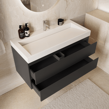 Meuble de salle de bains suspendu design avec vasque inclinée en marbre minéral - Noir et blanc - 100 cm - Azuro