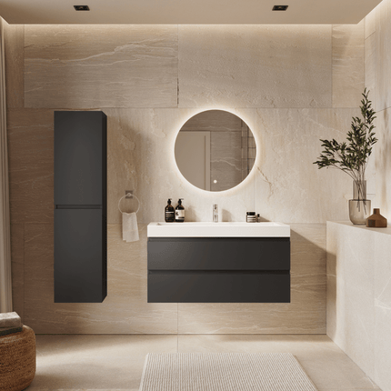 Meuble de salle de bains suspendu design avec vasque inclinée en marbre minéral - Noir et blanc - 100 cm - Azuro