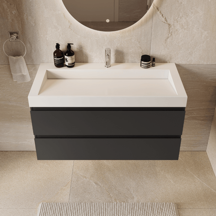 Meuble de salle de bains suspendu design avec vasque inclinée en marbre minéral - Noir et blanc - 100 cm - Azuro