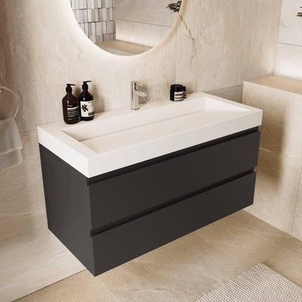 Meuble de salle de bains suspendu design avec vasque inclinée en marbre minéral - Noir et blanc - 100 cm - Azuro