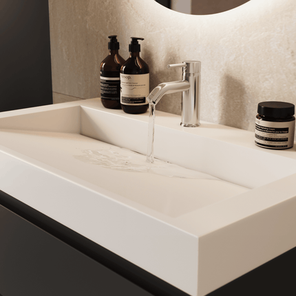 Meuble de salle de bains suspendu design avec lavabo incliné en marbre minéral - Noir mat et blanc - 100 cm - Zarivo
