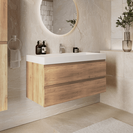 Meuble de salle de bains suspendu chêne clair avec vasque inclinée en marbre minéral - blanc - 100 cm - Azuro