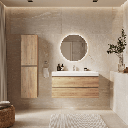 Meuble de salle de bains suspendu chêne clair avec vasque inclinée en marbre minéral - blanc - 100 cm - Azuro