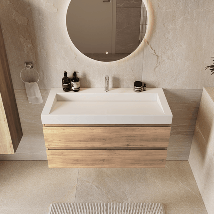 Meuble de salle de bains suspendu chêne clair avec vasque inclinée en marbre minéral - blanc - 100 cm - Azuro