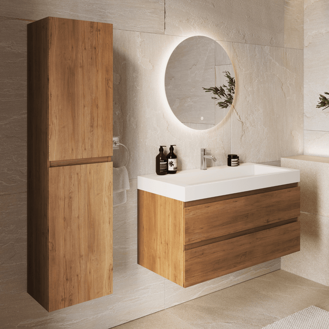 Meuble de salle de bains suspendu Warm Chêne avec lavabo incliné en marbre minéral - Blanc - 100 cm - Azuro