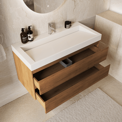 Meuble de salle de bain suspendu chêne chaud avec vasque inclinée en marbre minéral - blanc - 100 cm - Zarivo