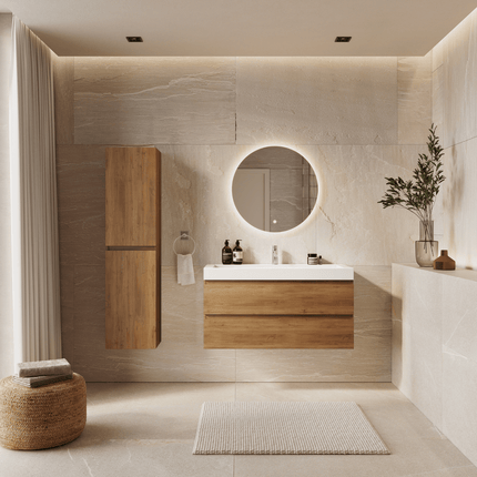 Meuble de salle de bains suspendu Warm Chêne avec lavabo incliné en marbre minéral - Blanc - 100 cm - Azuro