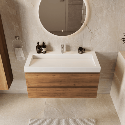 Meuble de salle de bain suspendu chêne chaud avec vasque inclinée en marbre minéral - blanc - 100 cm - Zarivo