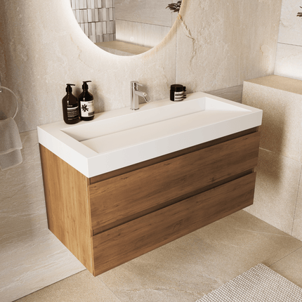 Meuble de salle de bains suspendu Warm Chêne avec lavabo incliné en marbre minéral - Blanc - 100 cm - Azuro