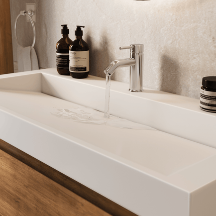 Meuble de salle de bains suspendu Warm Chêne avec lavabo incliné en marbre minéral - Blanc - 100 cm - Azuro