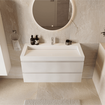 Meuble sous vasque suspendu blanc brillant avec vasque en marbre minéral - Blanc - 100 cm - Zarivo
