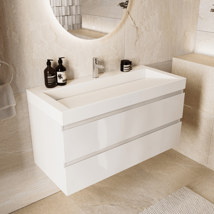Meuble bas suspendu avec lavabo incliné - Blanc brillant - 100 cm - Azuro