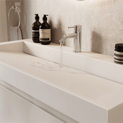 Meuble sous vasque suspendu blanc brillant avec vasque en marbre minéral - Blanc - 100 cm - Zarivo