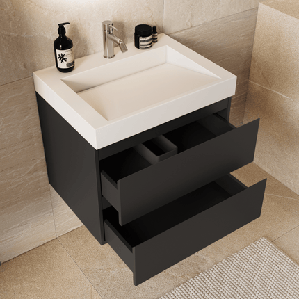 Meuble de salle de bain suspendu noir mat avec vasque inclinée blanche - 60 cm - Zarivo