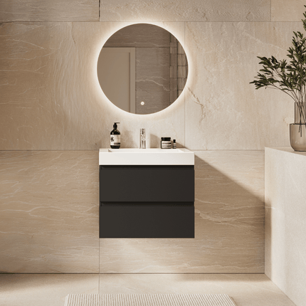 Meuble de salle de bain suspendu avec lavabo en marbre minéral - Noir et blanc - 60 cm - Azuro