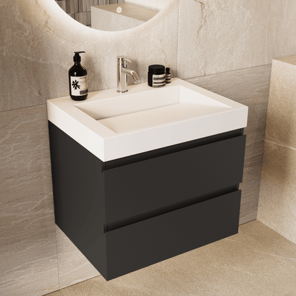 Meuble de salle de bain suspendu avec lavabo en marbre minéral - Noir et blanc - 60 cm - Azuro